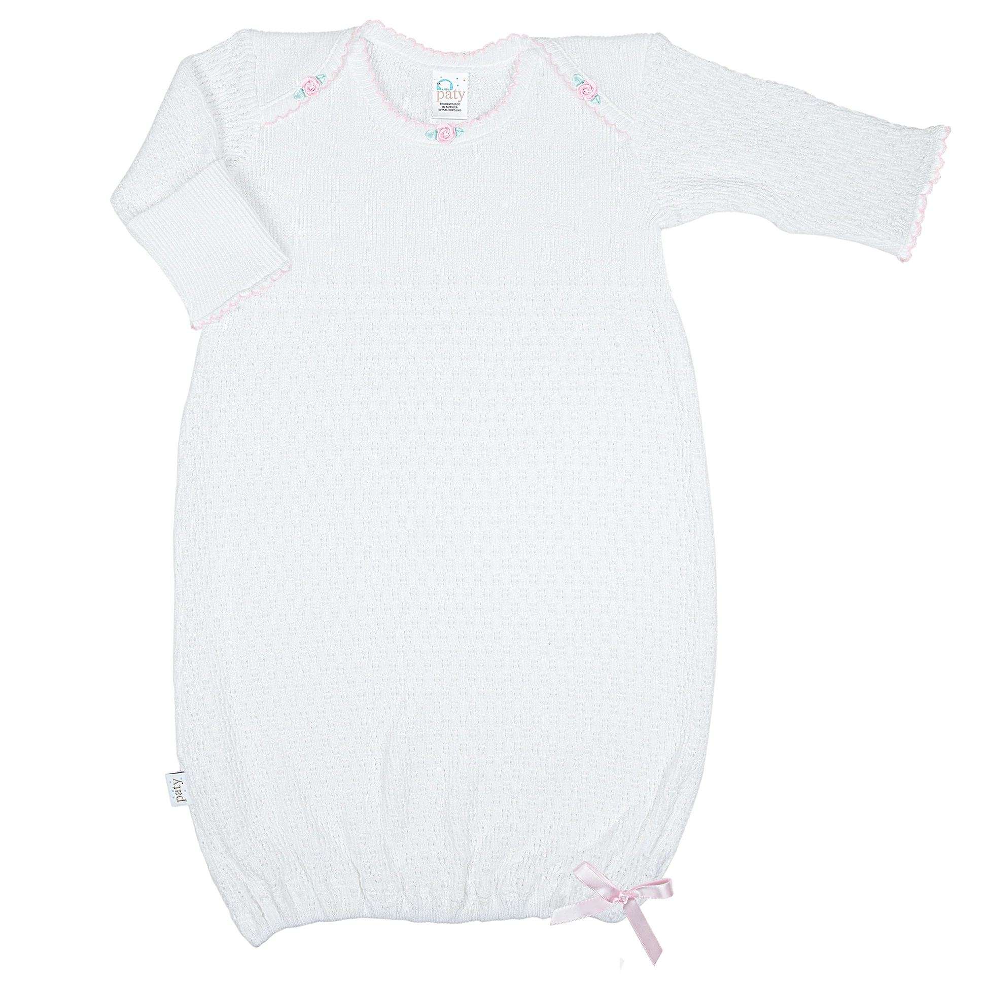 Pink Trim Overlap Shoulder Gown with Pink Rosettes