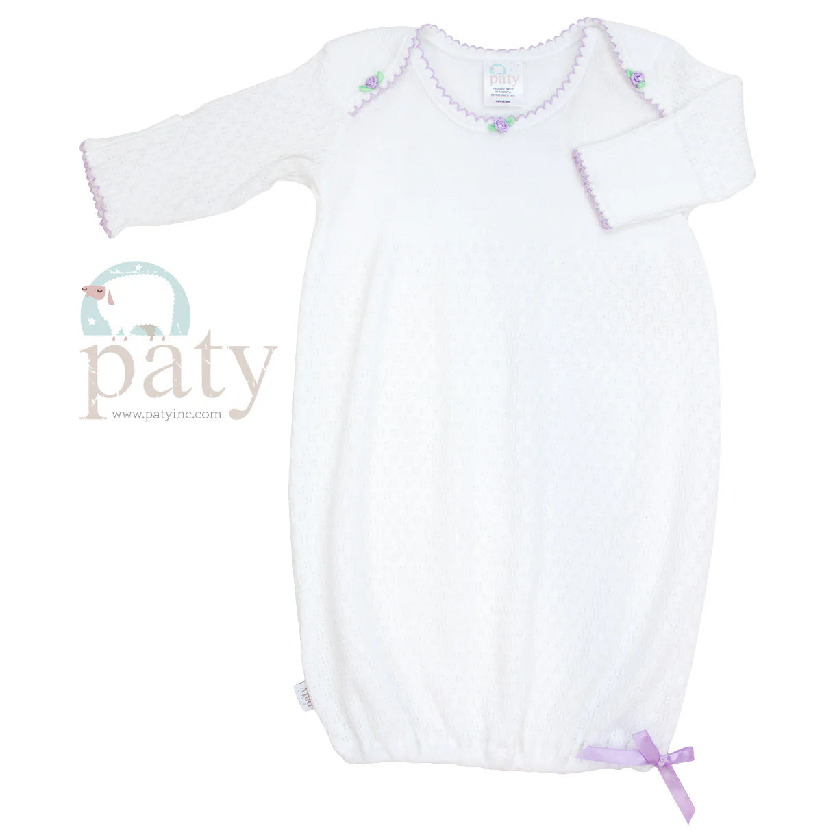 Lavender Trim Overlap Gown with Lavender Rosettes