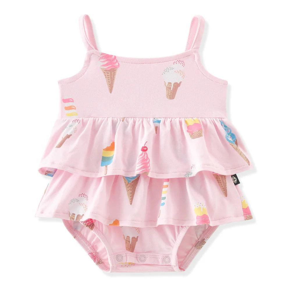 Spaghetti Strap Ruffle Romper in Sakura Ice Cream