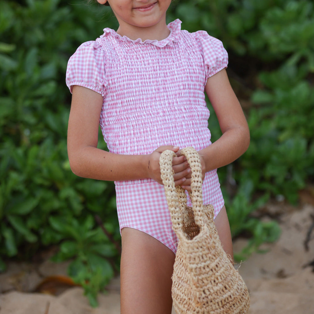 Guava Gingham Puff Sleeve Smocked One Piece
