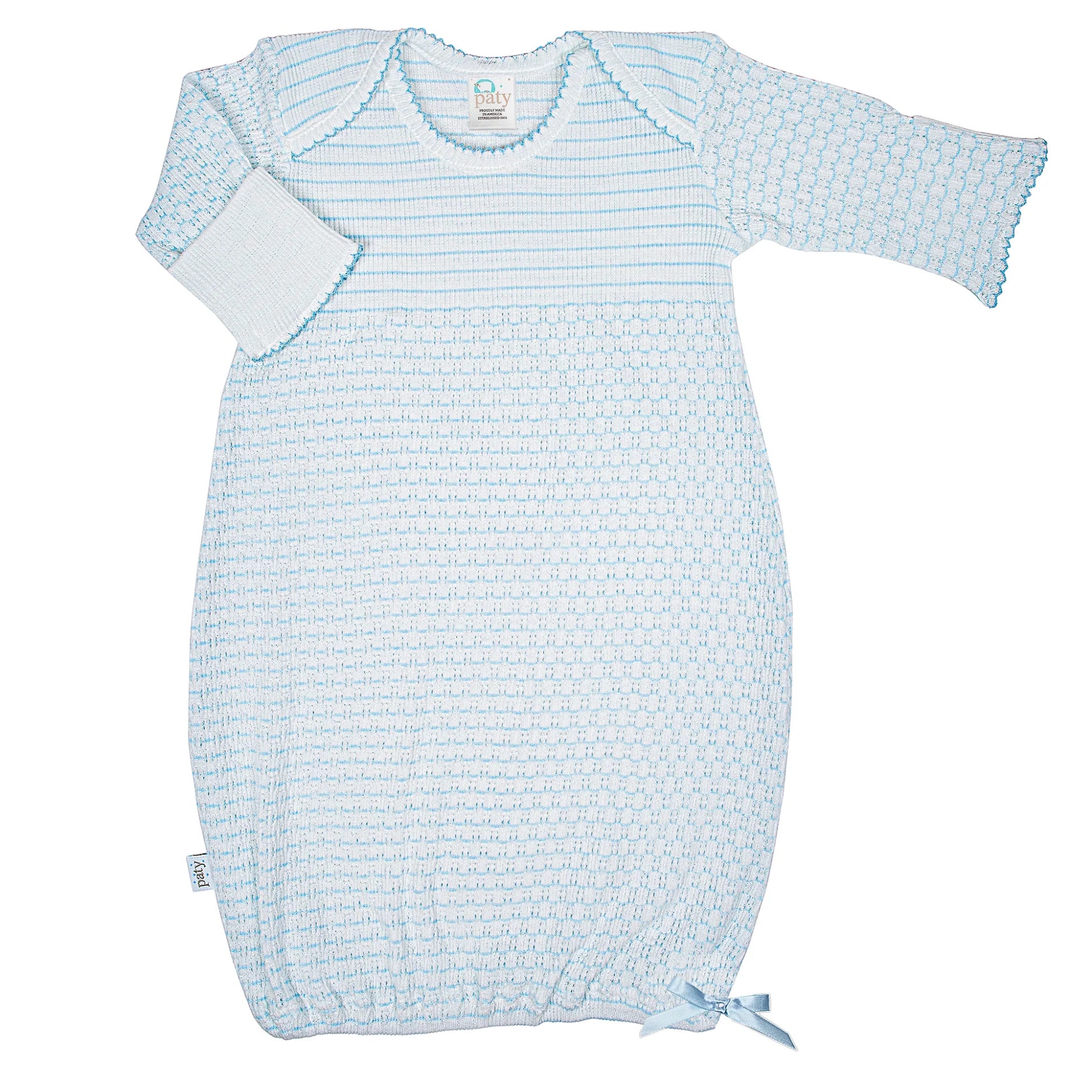 Paty Knit Overlap Shoulder Gown, (Pinstripe with Bow)