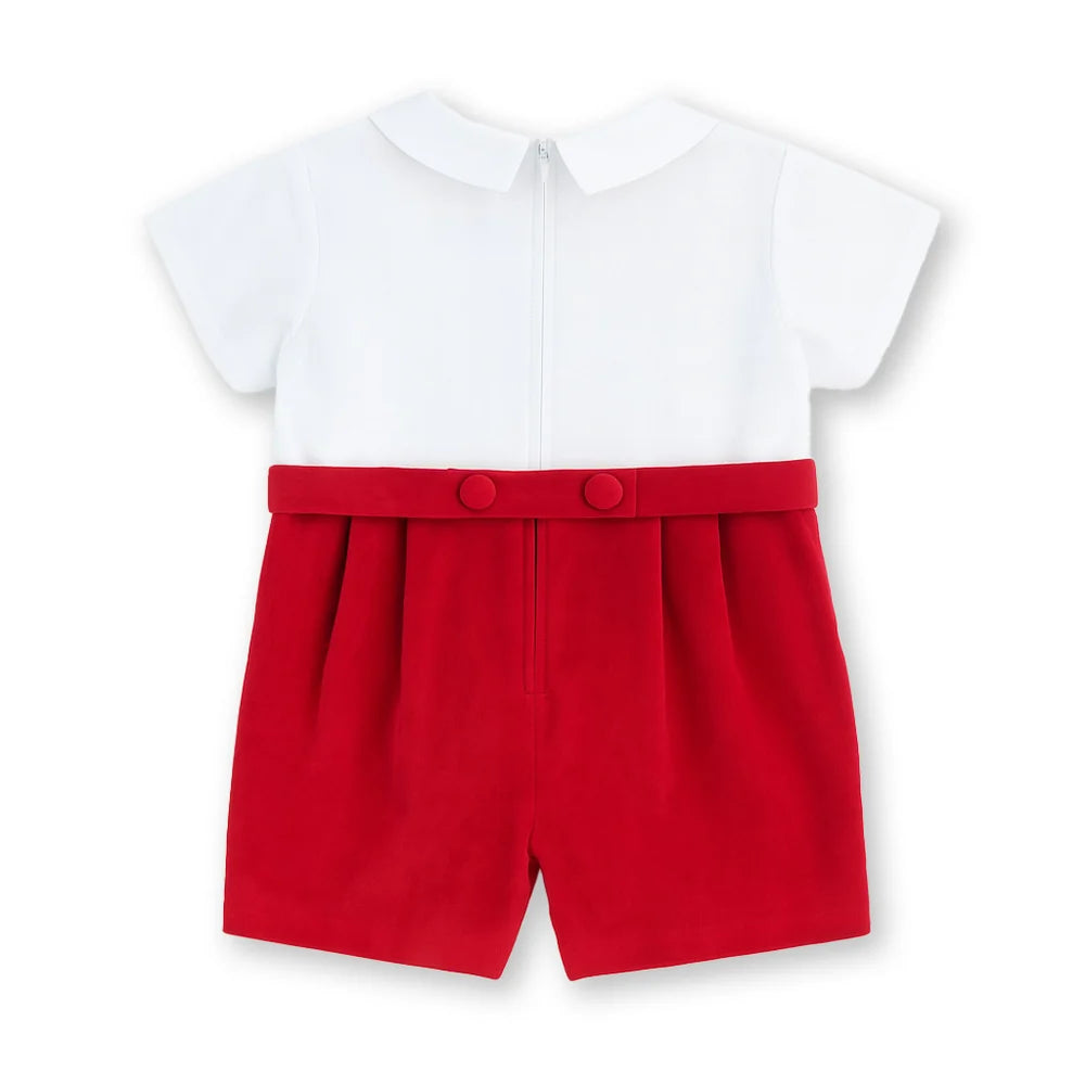 Red Pique And Velvet Short Sleeve All In One Shortall
