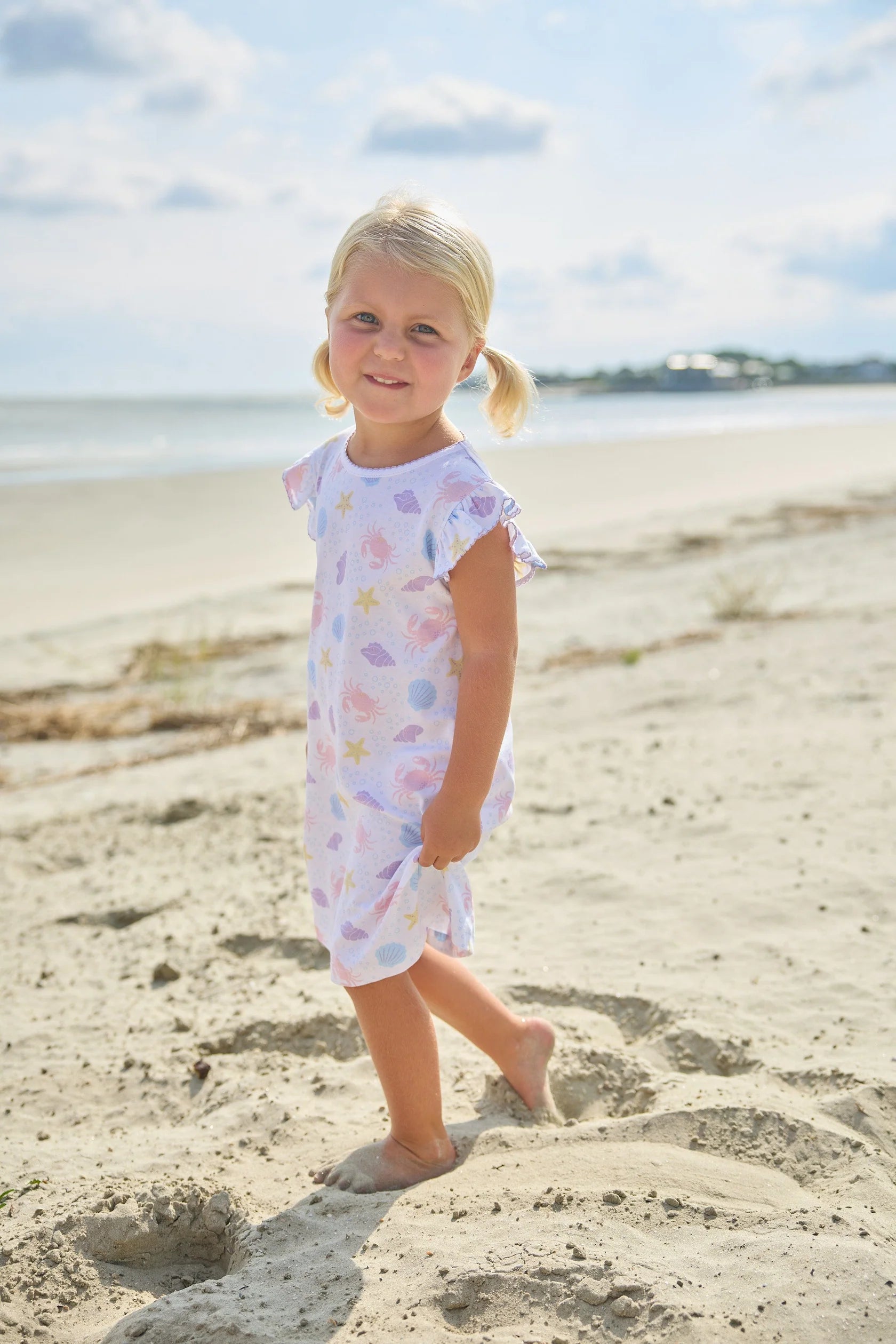 Printed Angel Sleeve Dress - Sea Shells