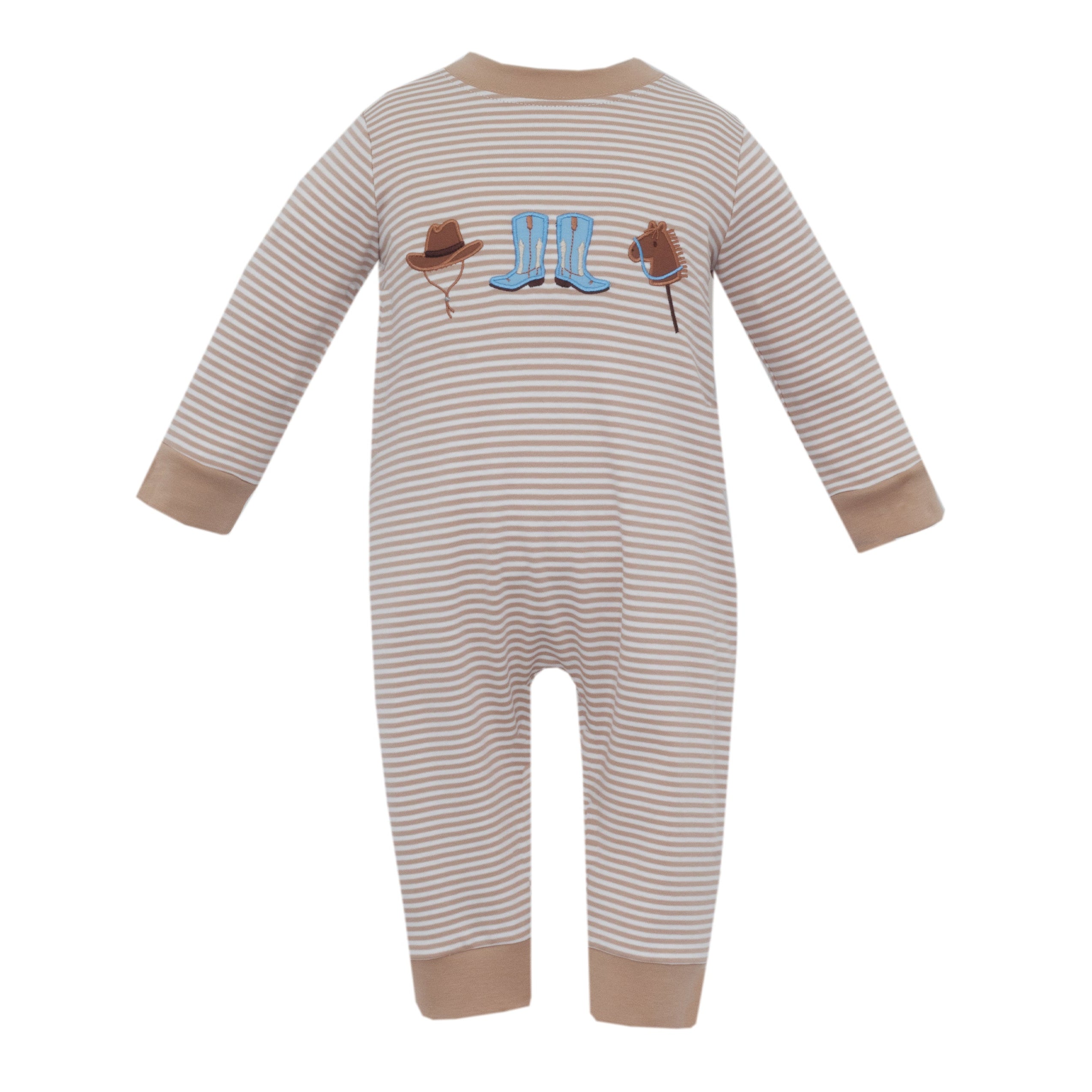 Khaki Knit Stripe Cowboy Applique Romper