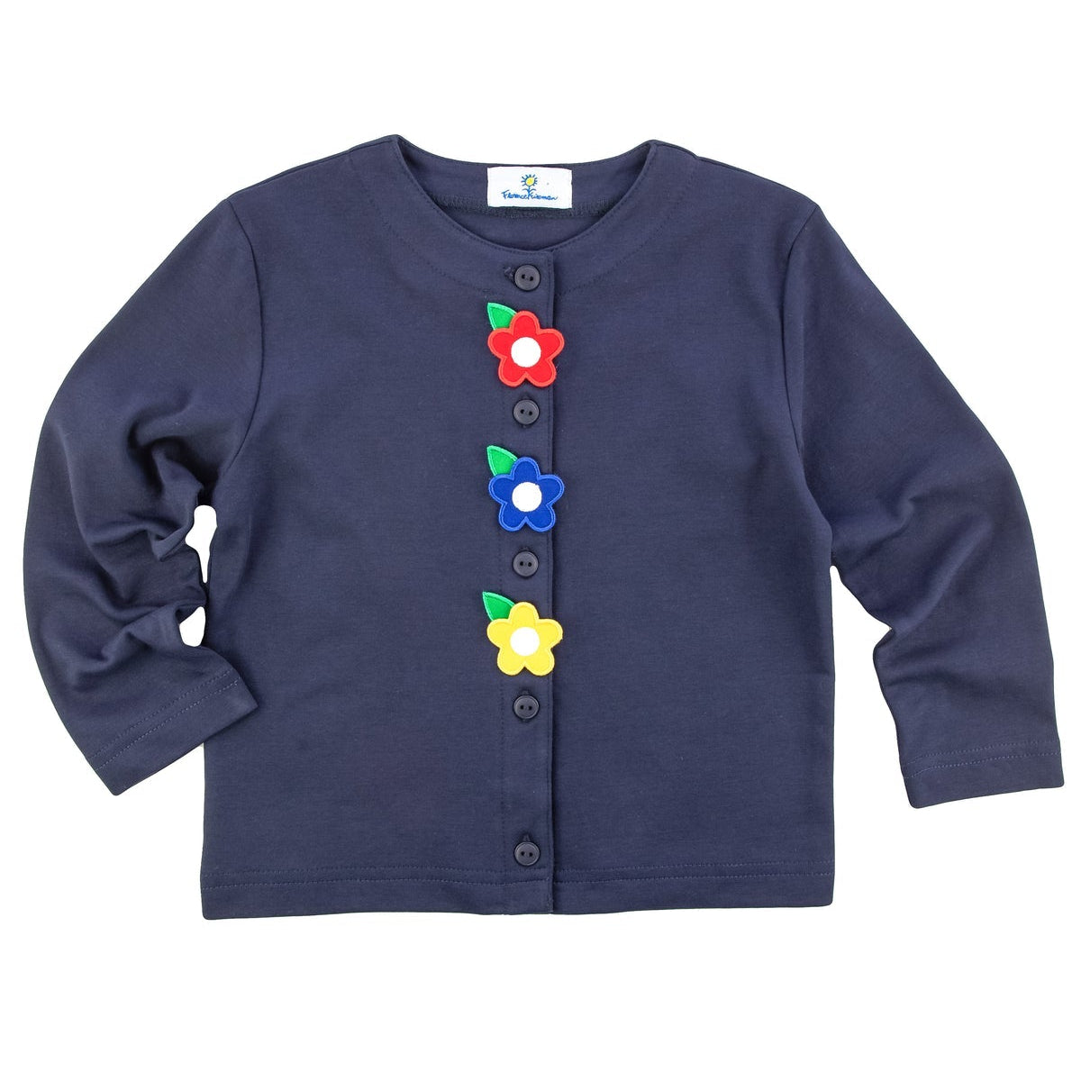 Navy interlock knit cardigan with colorful applique flowers on the front, long sleeves, and a button front.
