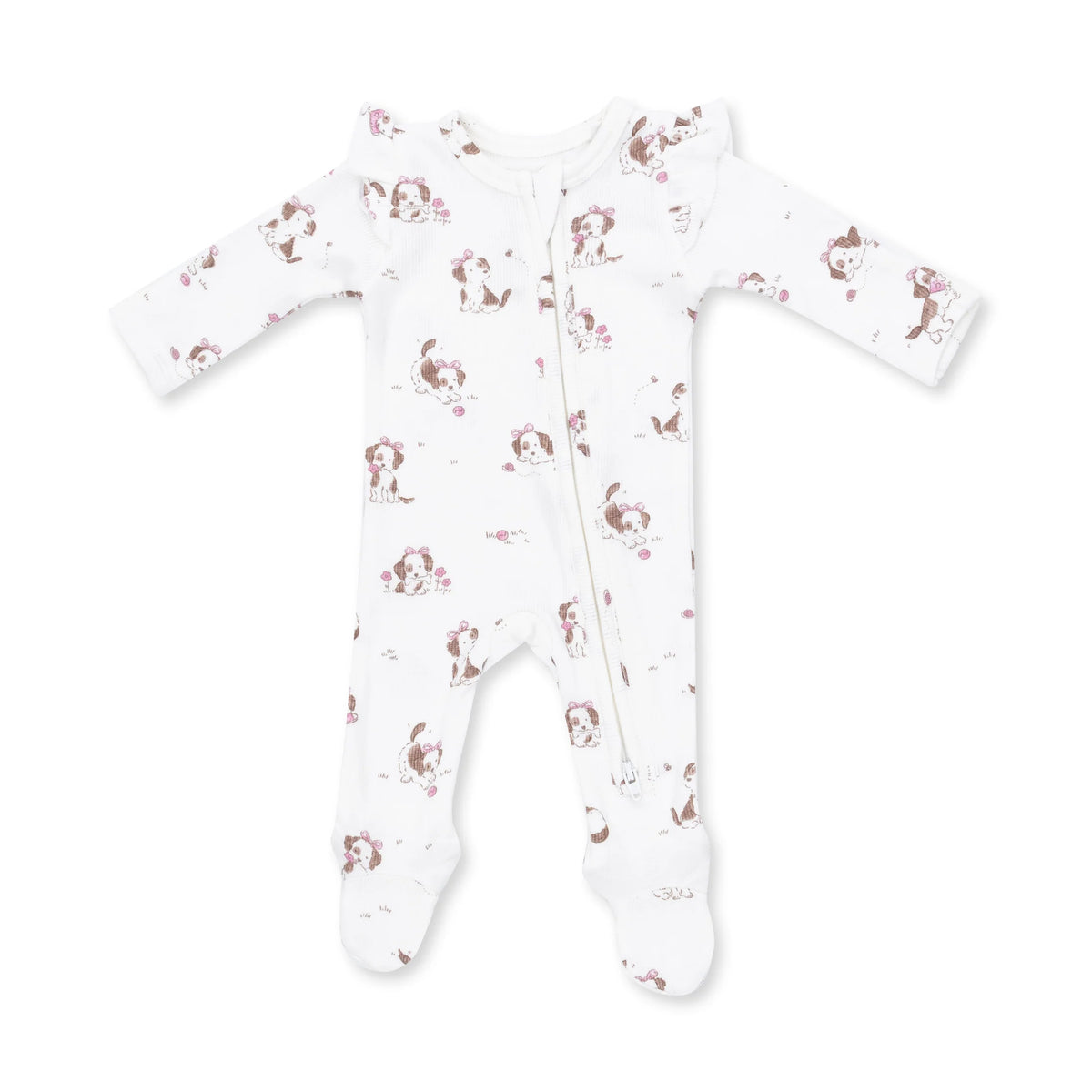 Pink Explorer Puppy Ruffle Sleeve Zipper Footie