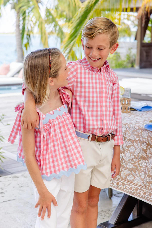 Tyler Tie Top- Parrot Cay Coral Check
