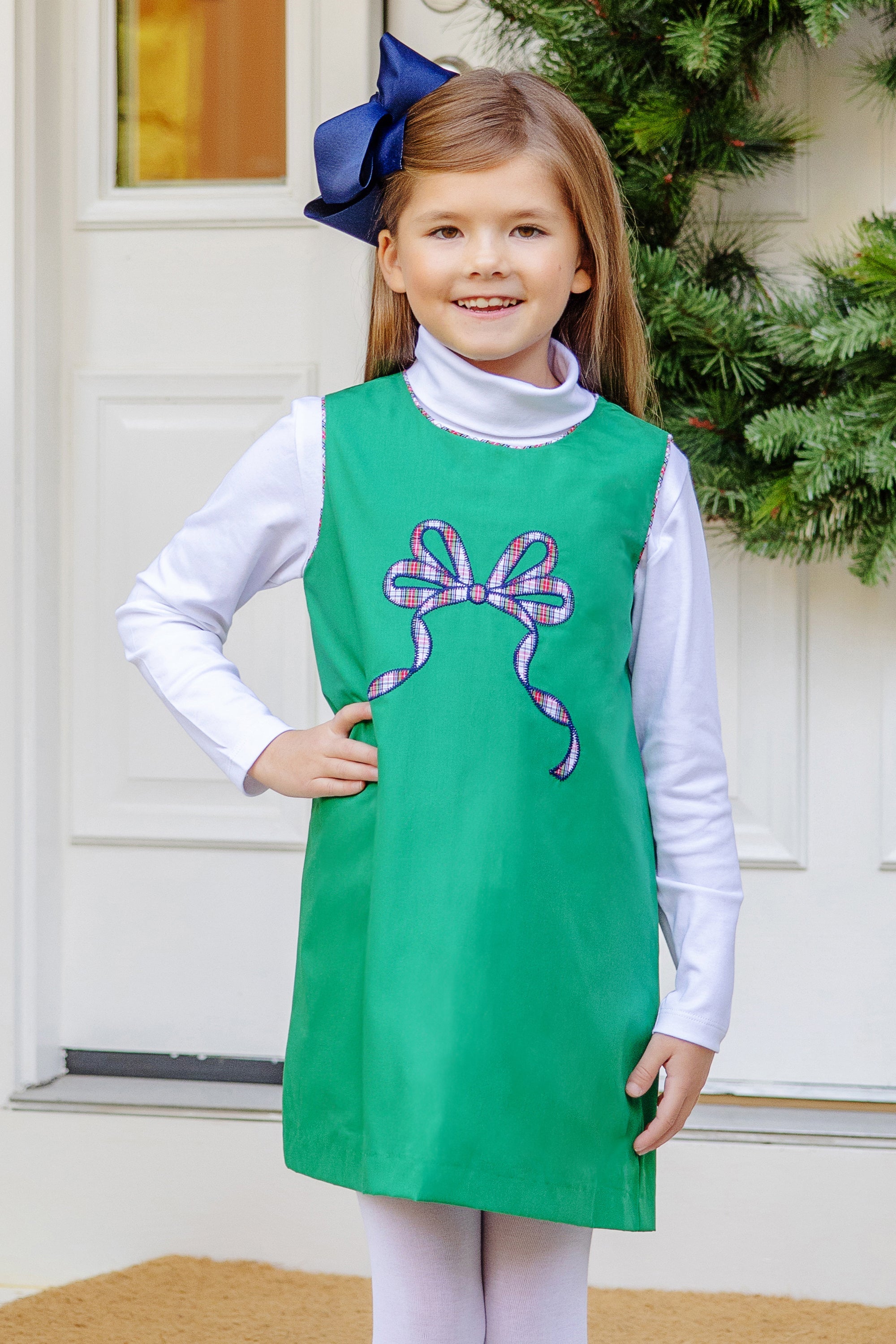 Annie Apron Dress - Kiawah Kelly Green with Merritt Park Plaid Bow