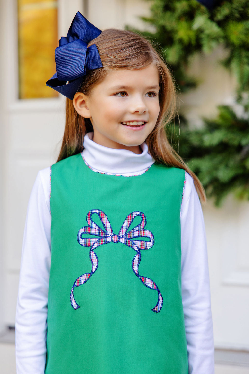 Annie Apron Dress - Kiawah Kelly Green with Merritt Park Plaid Bow