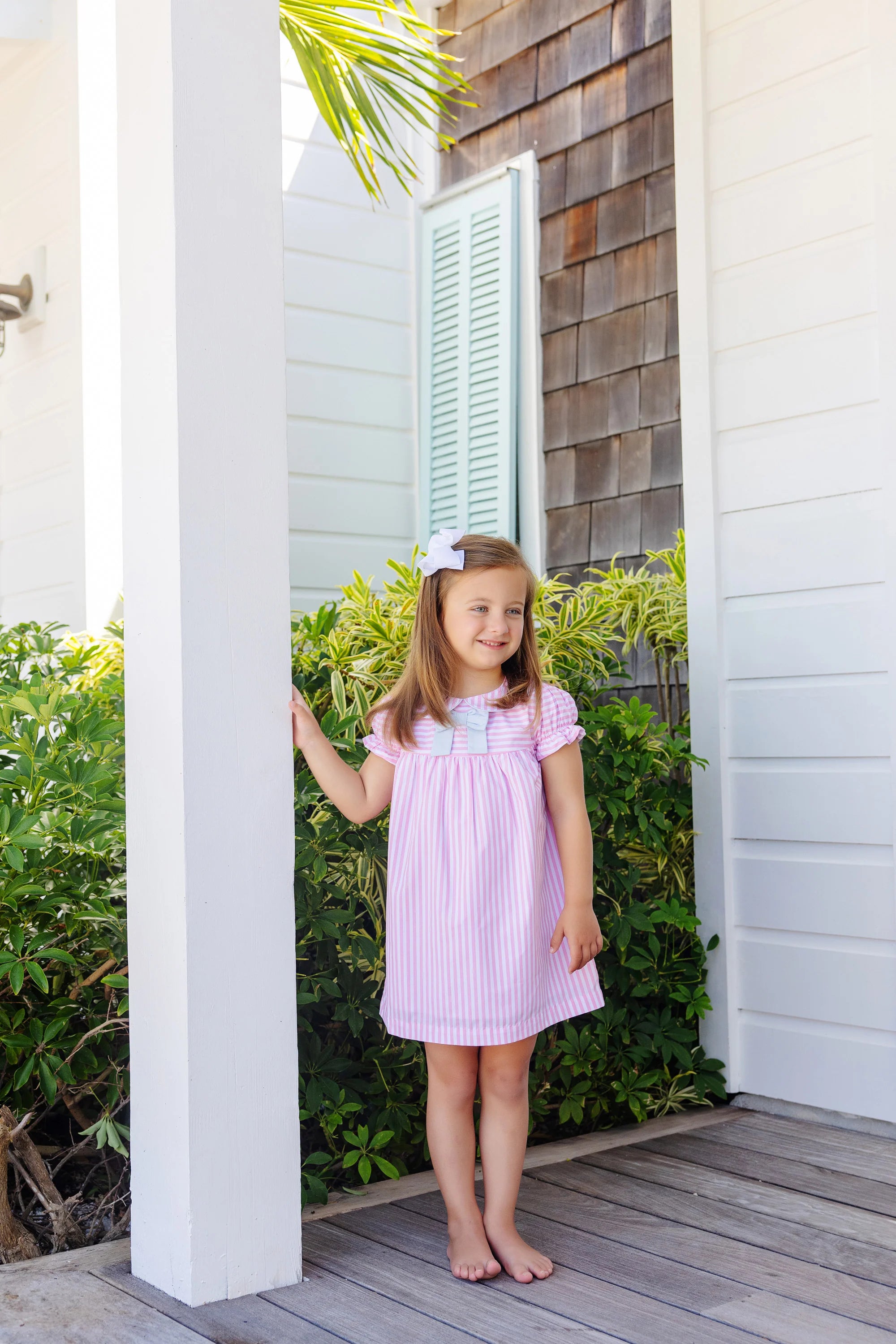 Short Sleeve Banks Bow Dress- Pier Party Pickney Pink Stripe