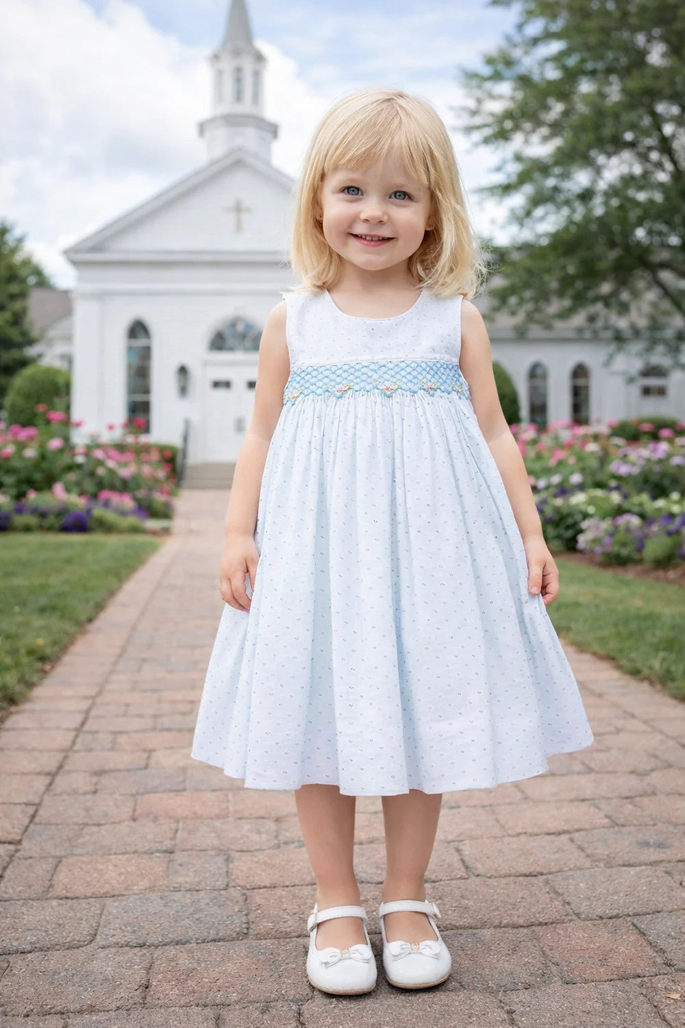 Sweet Spring Blue Plumeti Girl's Smocked Float Dress