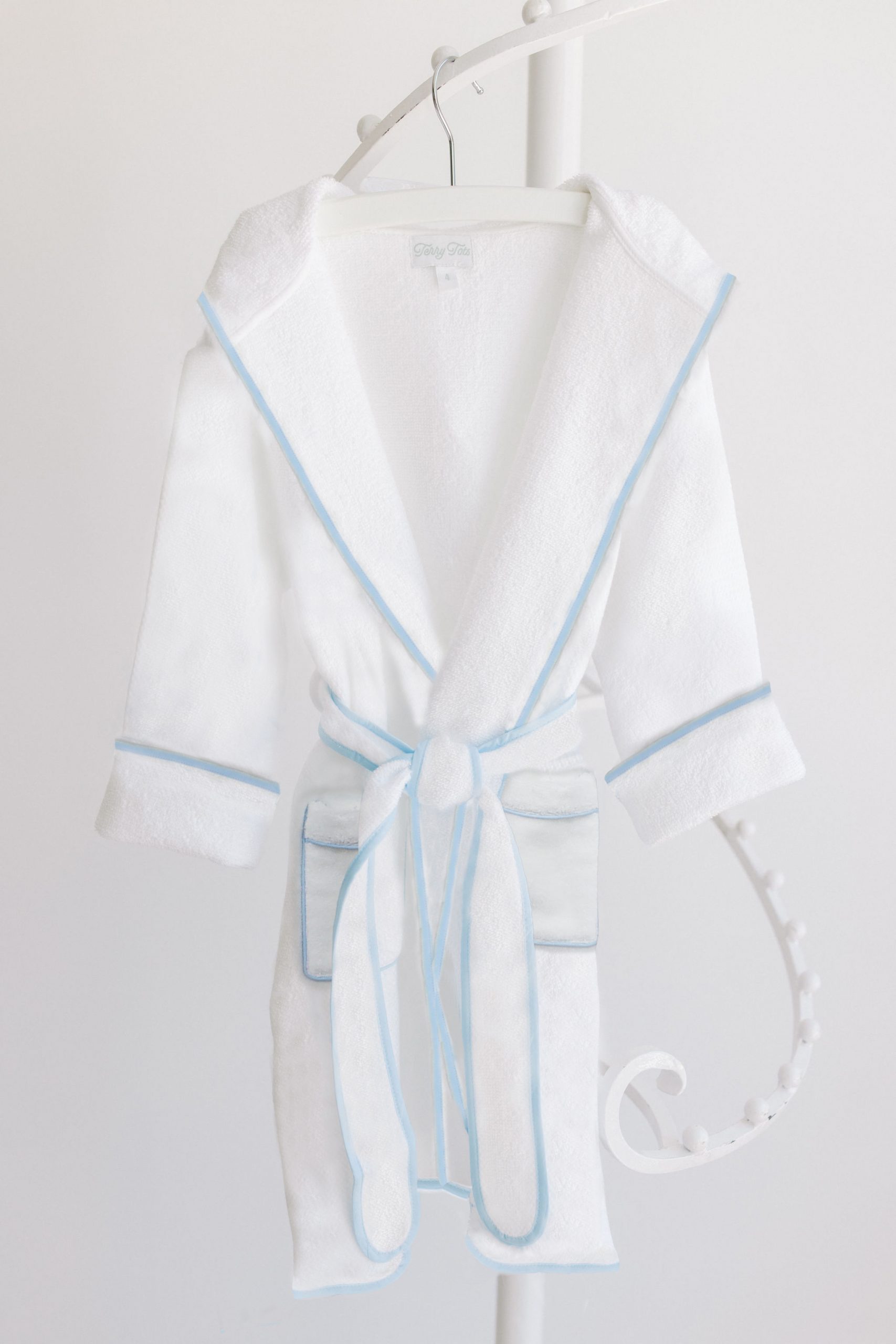 Hooded Bathrobe- White w/ Blue Trim