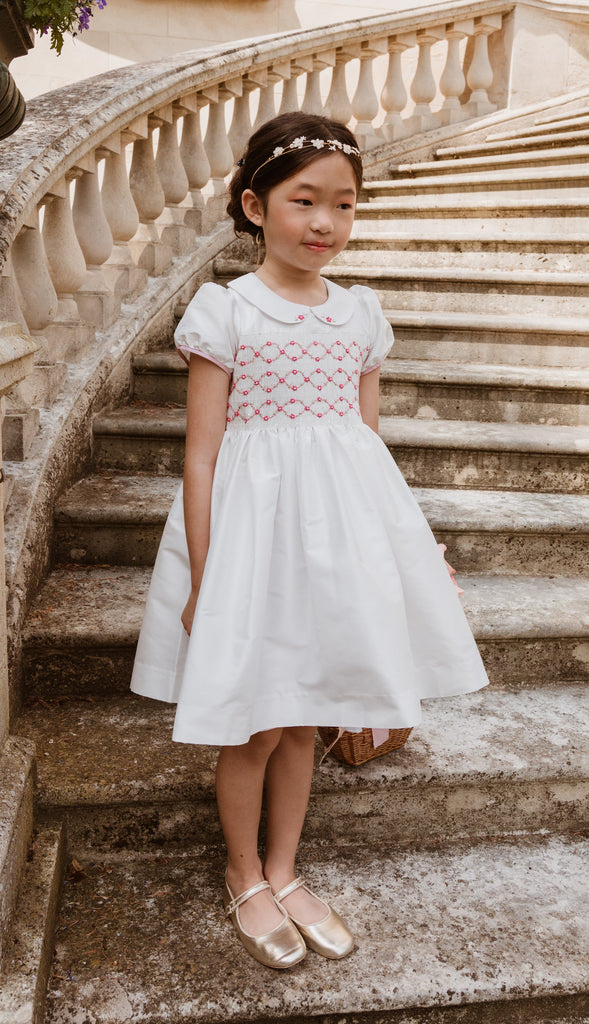 Bagatelle White/pink Silk Handmade Smocked Dress
