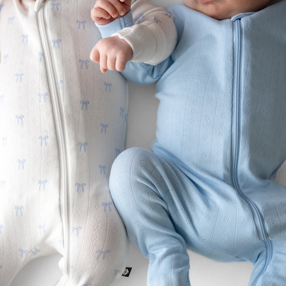 Pointelle Zippered Footie in Sweet Blue Bow