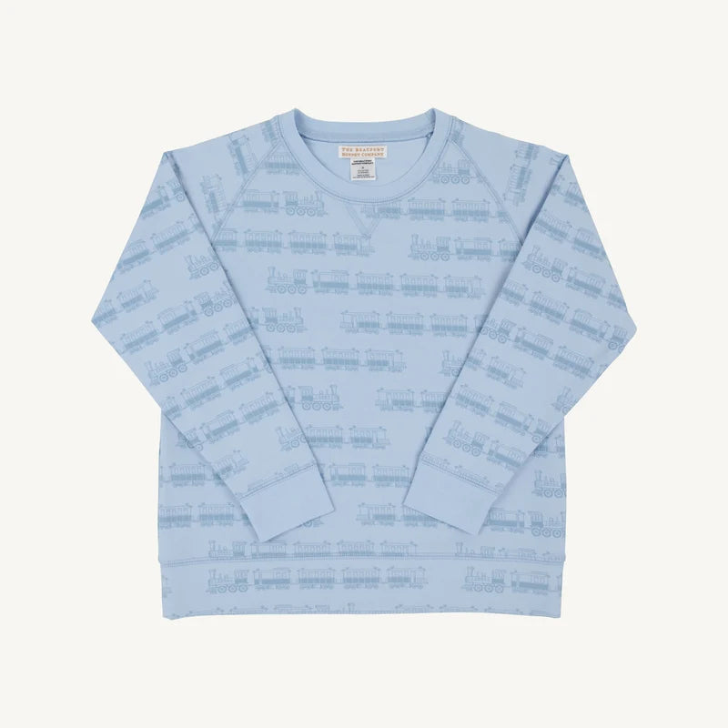 Cassidy Comfy Crewneck- Blue Choo Choos