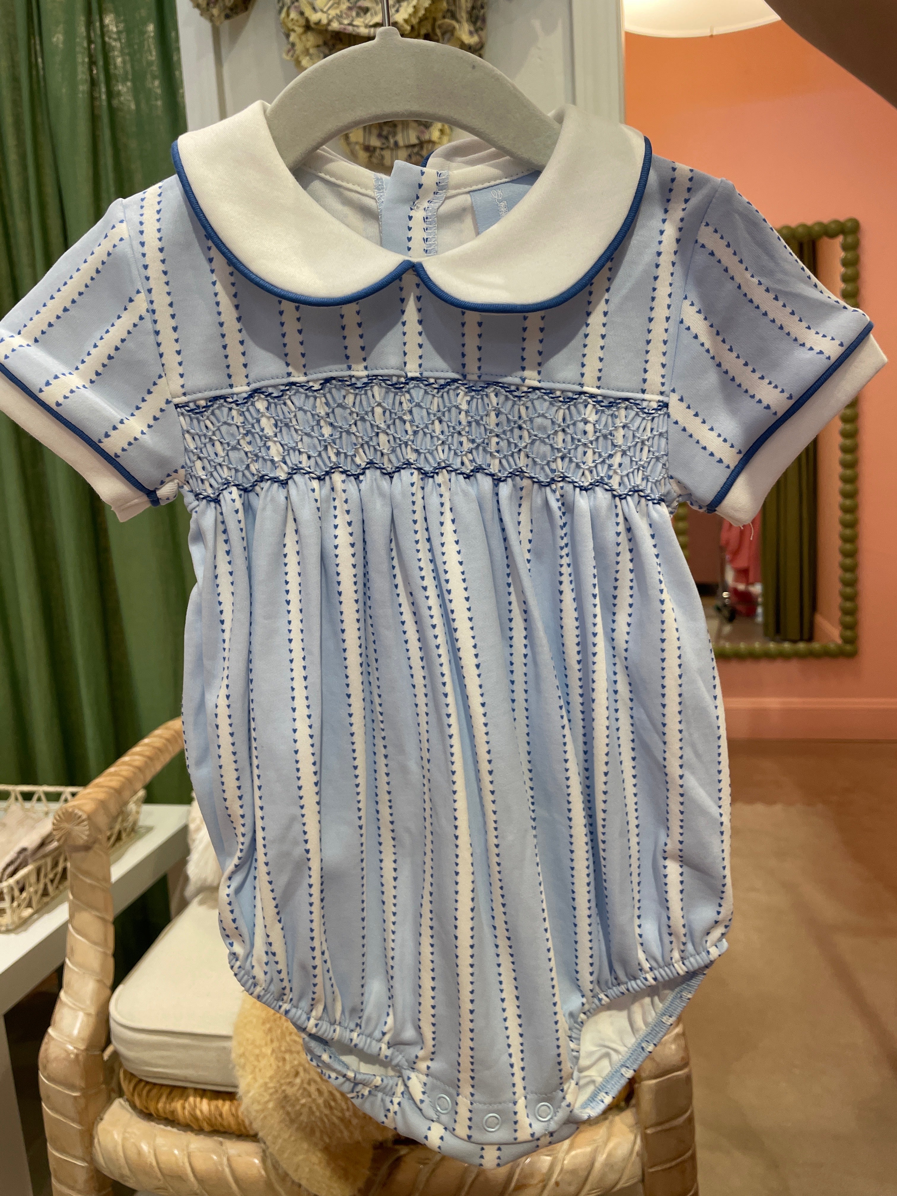 Blue Heart Stripe Printed Smocked Pima Bubble