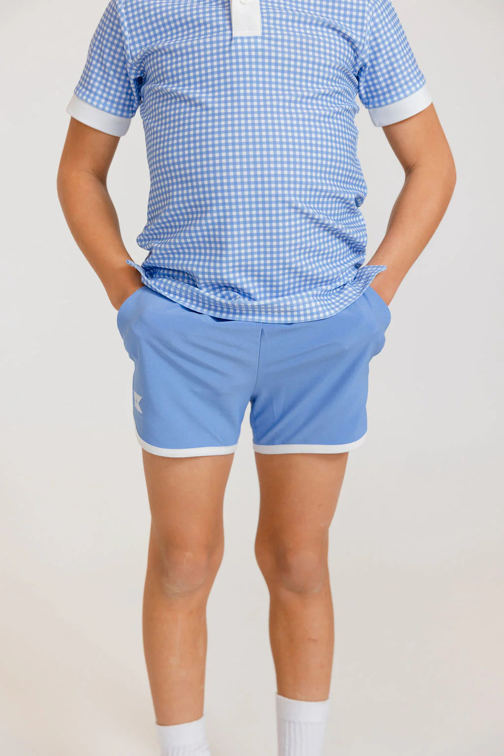 sky blue retro super short with white piping