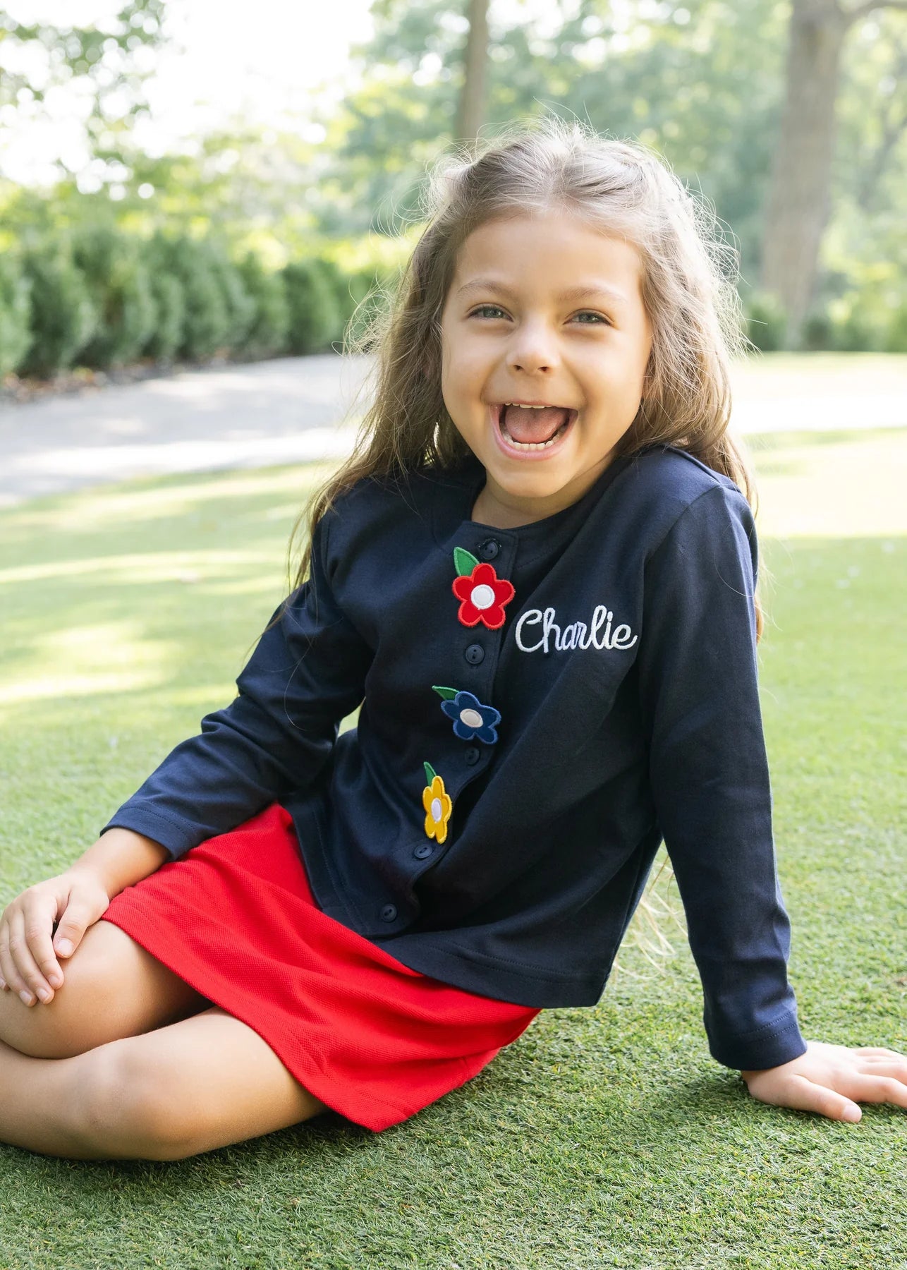 Navy Knit Cardigan With Flowers