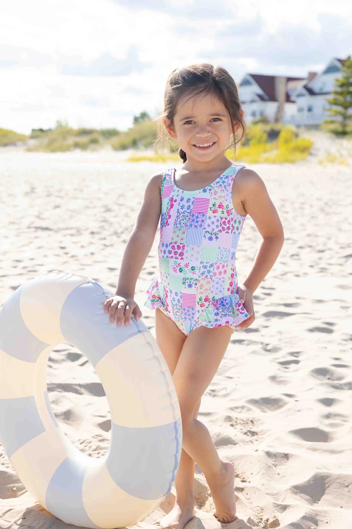 Patchwork Floral Hip Ruffle Swimsuit