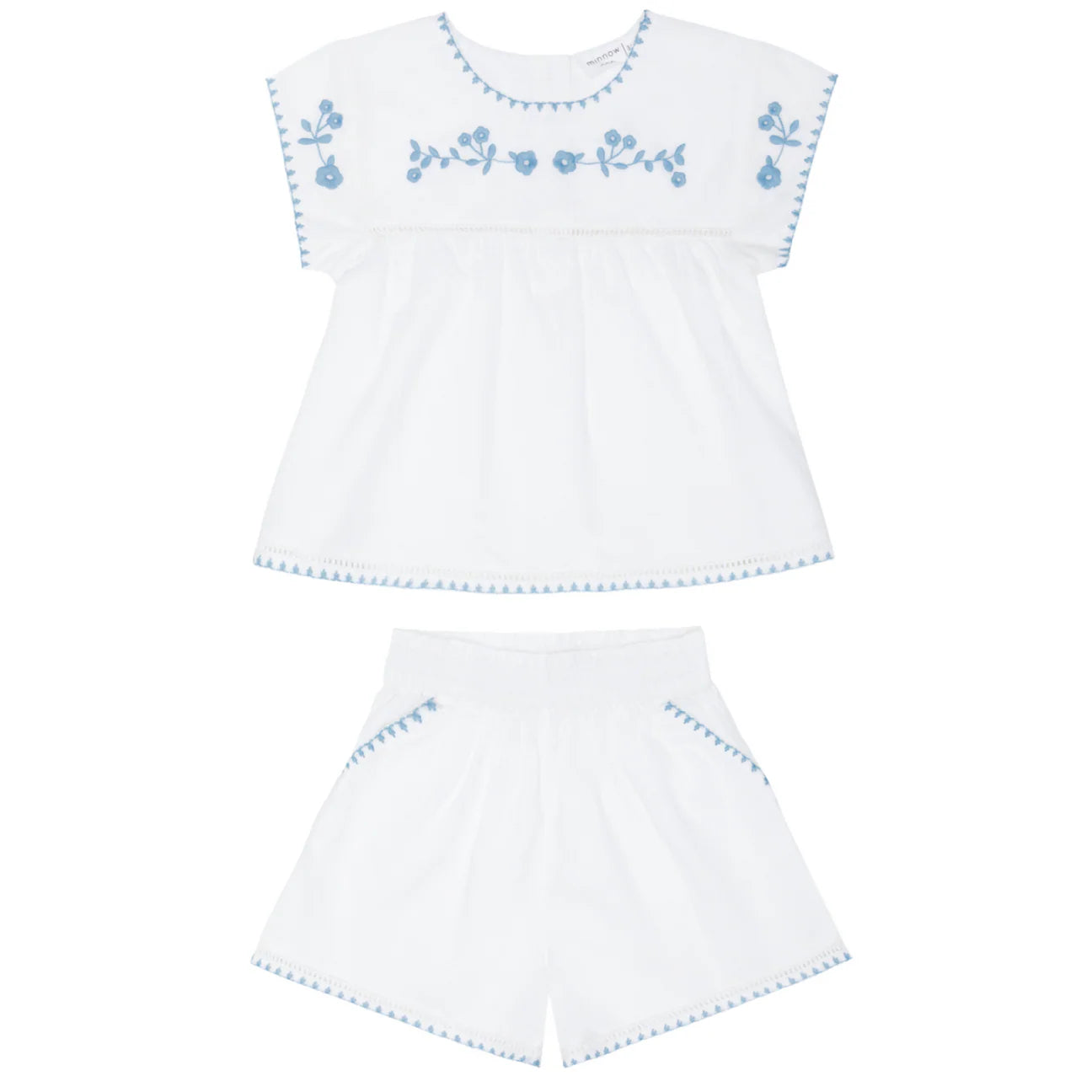 girls white embroidered cap sleeve top and short set