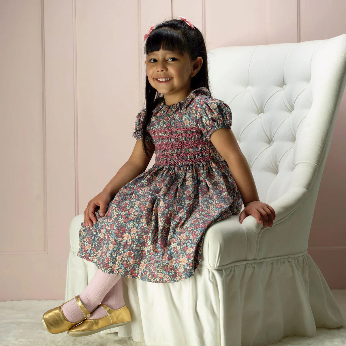 Gray Floral Smocked Dress