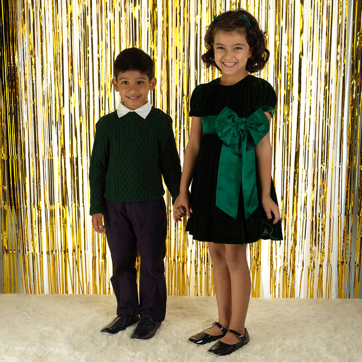 Crushed Velvet Bow Dress- Forest Green