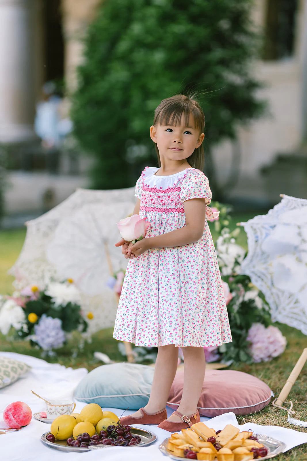 Isadora Floral Pink Short Puff Empire Dress