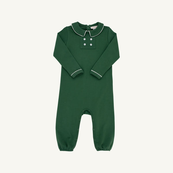 Long Sleeve Benny Button Romper- Grier Green Palmetto Pearl