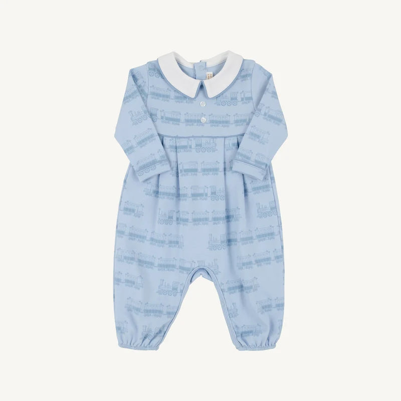Long Sleeve Bradford Romper- Blue Choo Choos