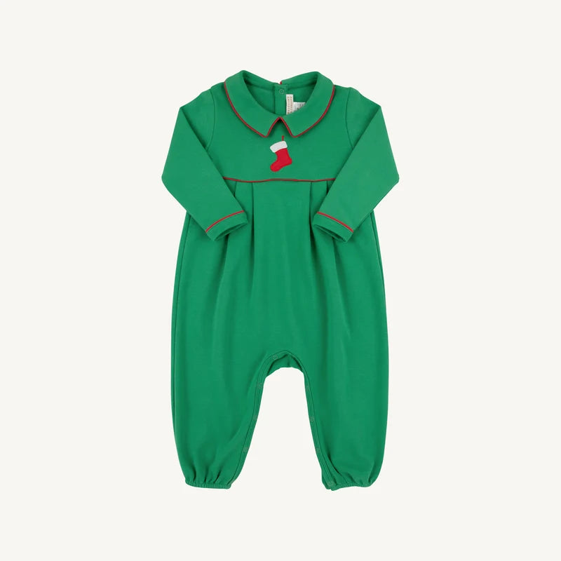 Long Sleeve Bradford Romper- Kiawah Kelly Green Stocking Emb