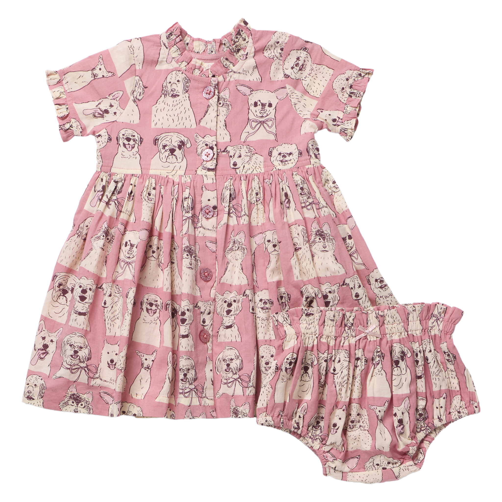 Baby Girl Autumn Dress Set - Pink Sketched Dogs