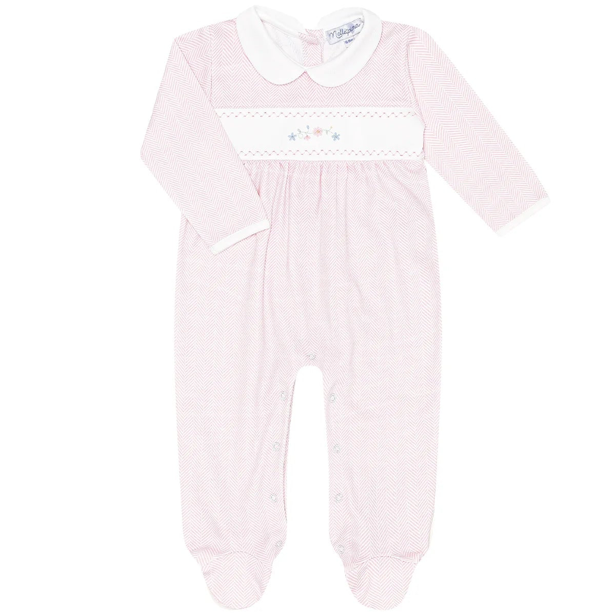Pink Herringbone Embroidered Footie