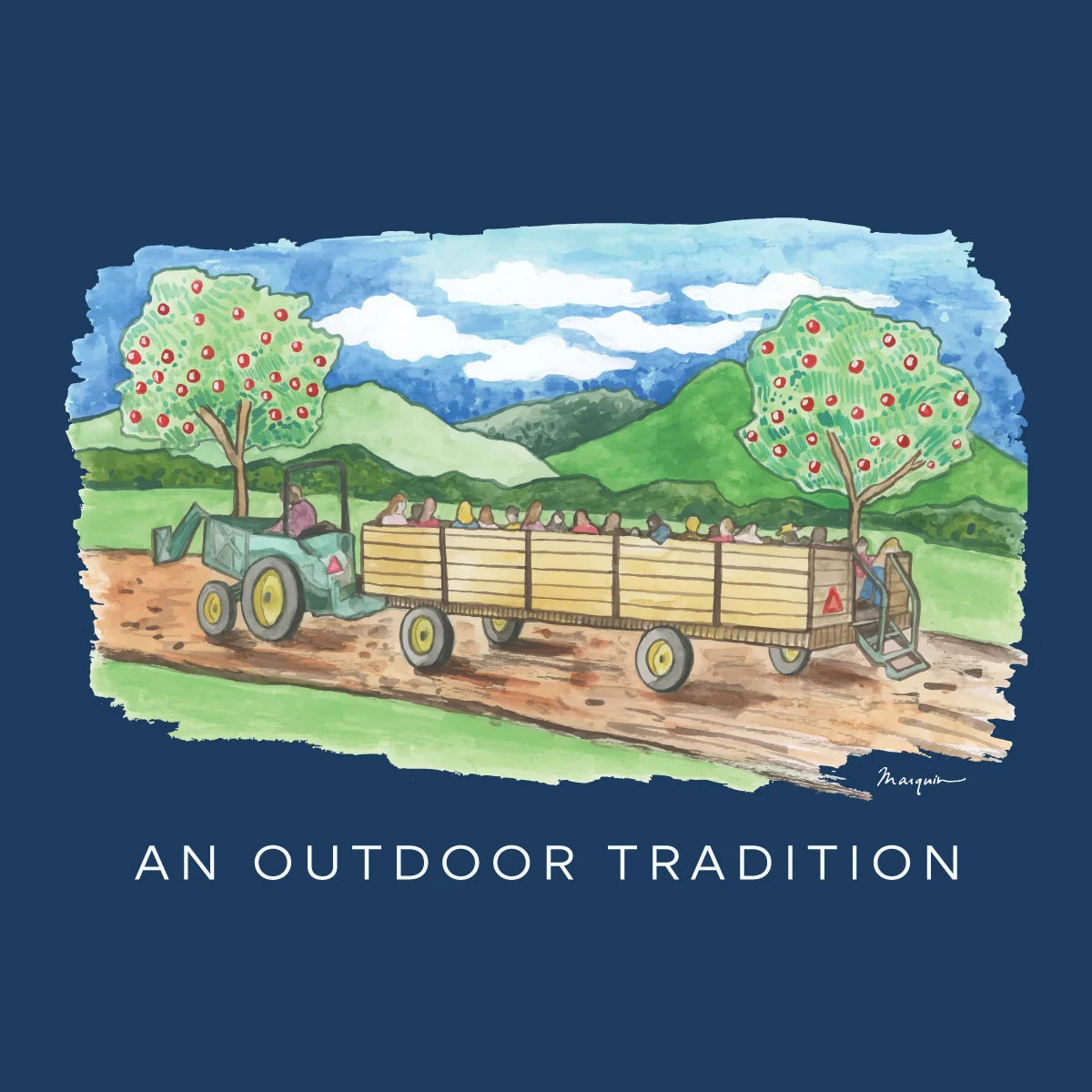 Boys' Long Sleeve Cotton T-shirt in Navy Peony Apple Picking Scene