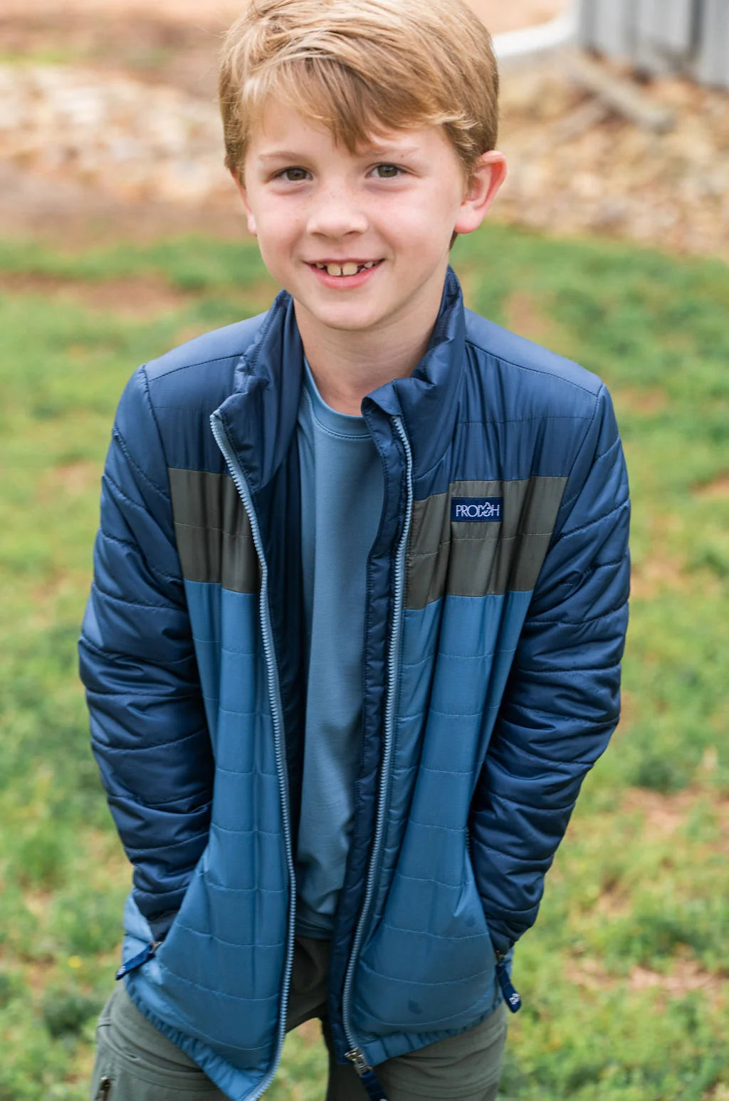 Boys Colorblock Puffer Jacket in Dark Denim Blue