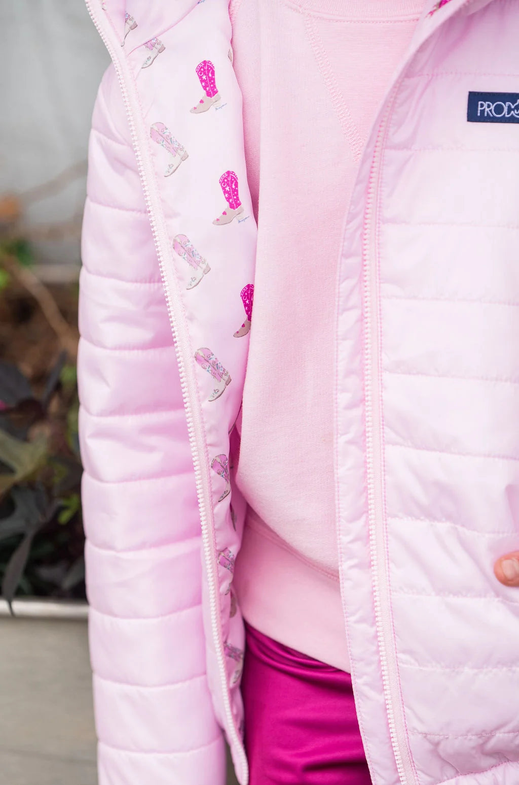 Girls Hooded Puffer Jacket in Pink Tulle with Cowboy Boot Print Liner
