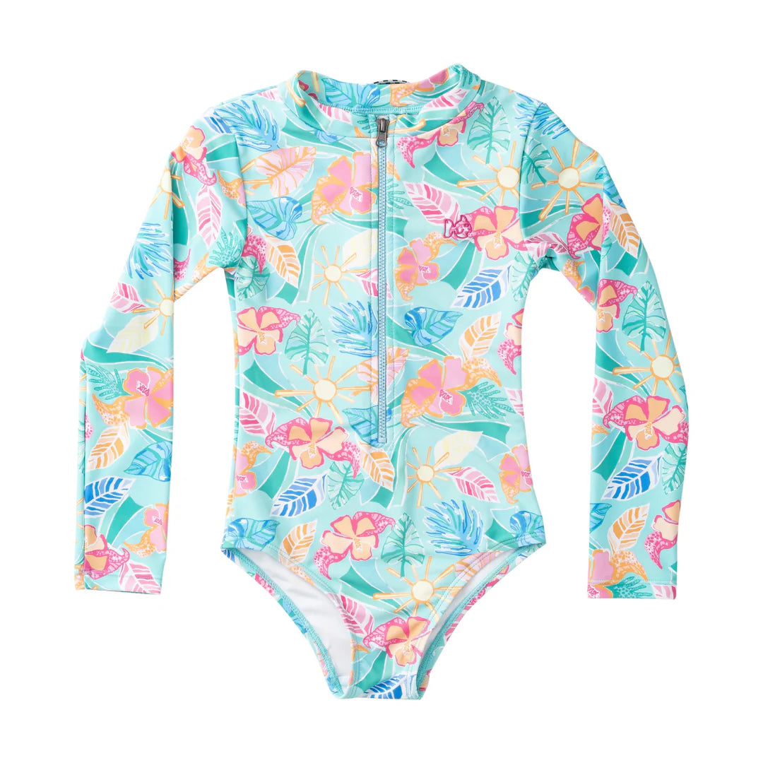 Girls' Long Sleeve Surf & Turf Zip Front Swimsuit — Tropical Palm Print