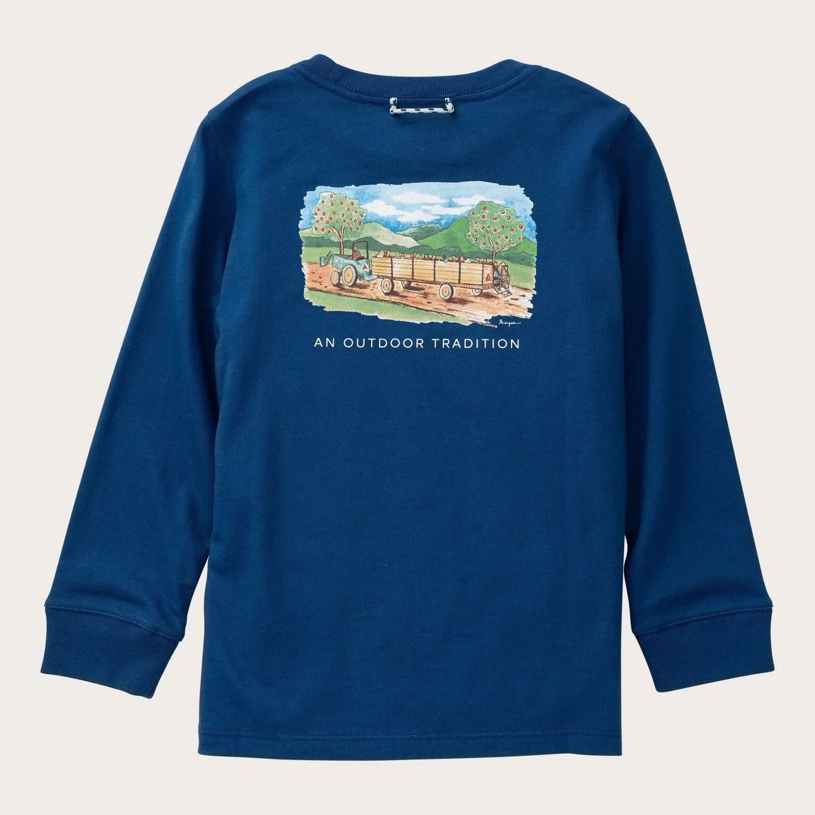 Boys' Long Sleeve Cotton T-shirt in Navy Peony Apple Picking Scene