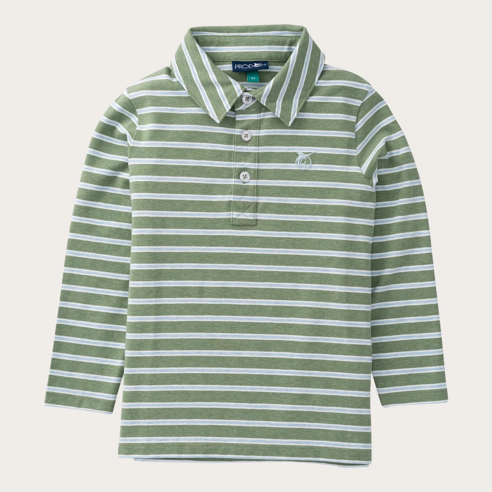 Boys' Long Sleeve Cotton Polo in Hedge Green and Cashmere Blue Stripe