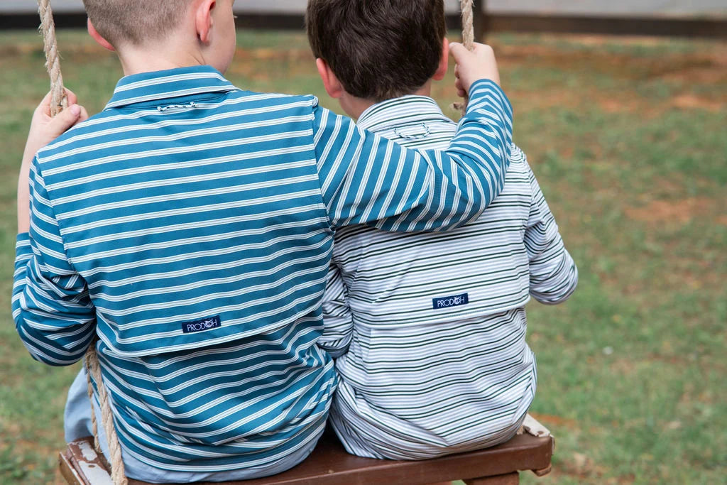 Boys' Long Sleeve Performance Polo in Arona Blue and Camping Green Stripe