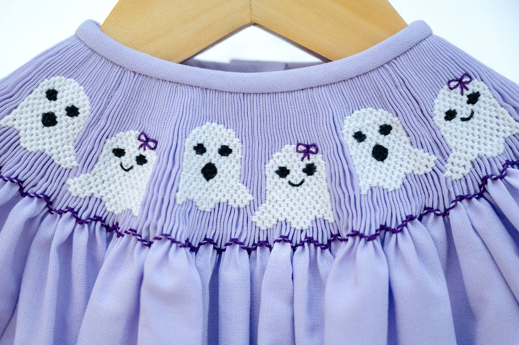 Purple Ghosts Smocked Birdie Bubble