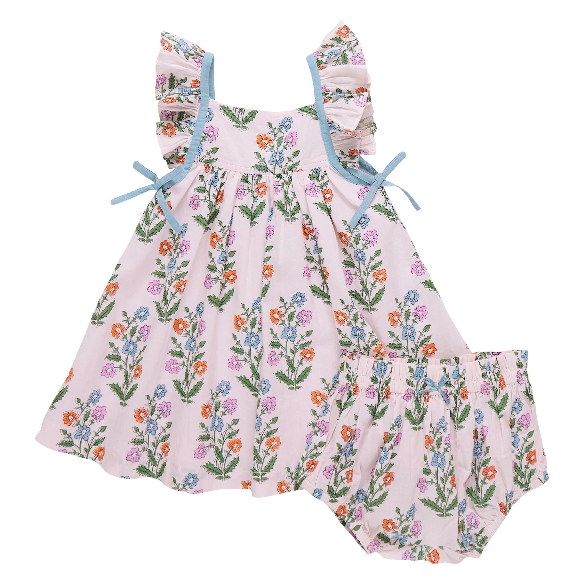 Baby Girls Ailee Dress Set- Pink Dewdrop Block Print