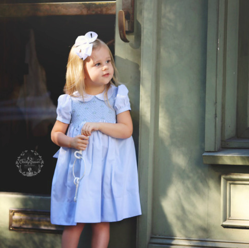 Blue Scalloped Pearl Smocked Dress