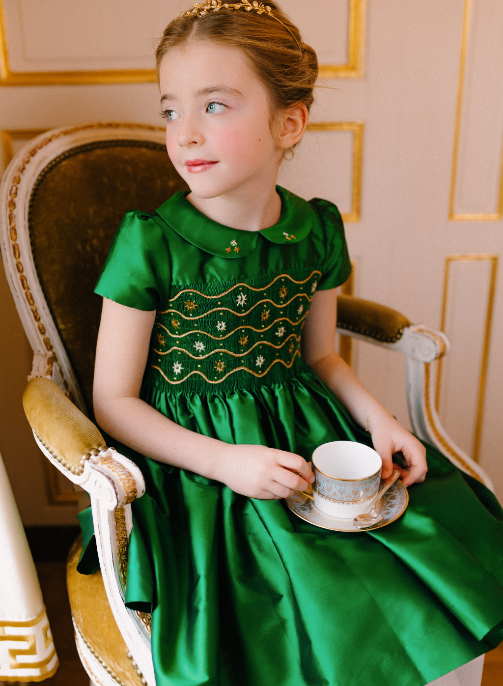 Stella Green Silk Short Sleeve Smocked Dress