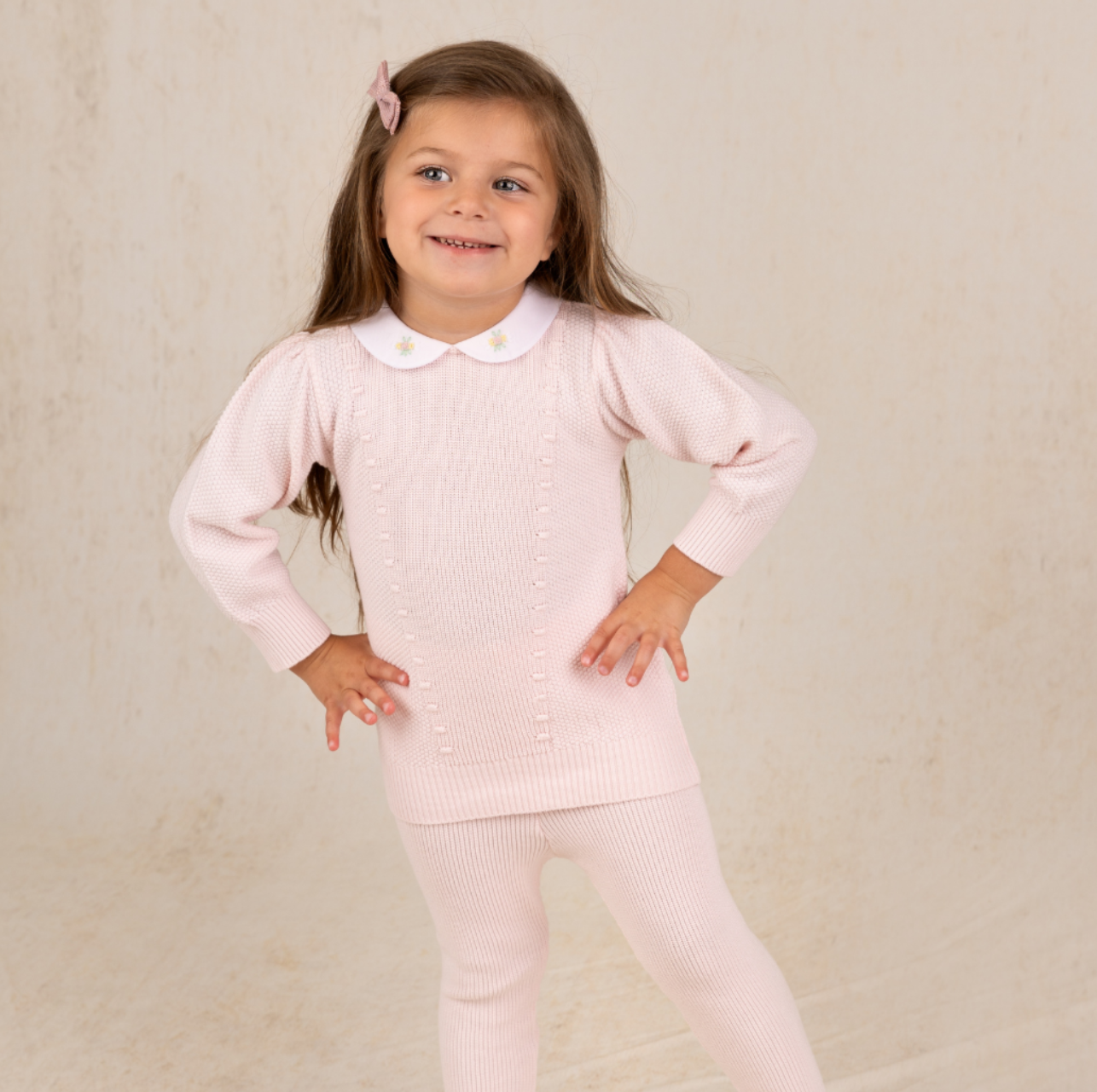 Girls Detailed Collar Knit Set Pink