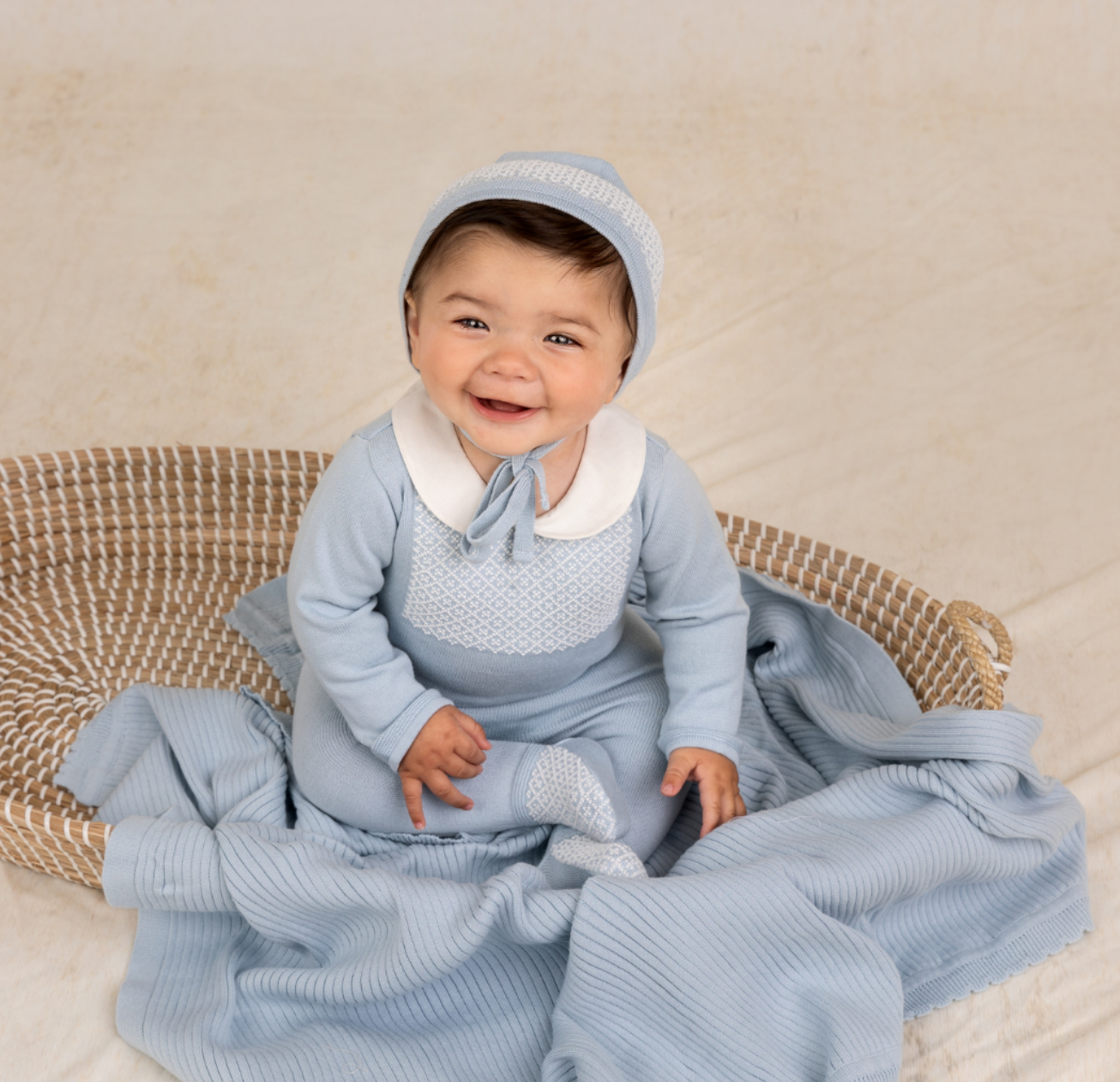 Boys Jacquard Collared Knit Romper & Bonnet