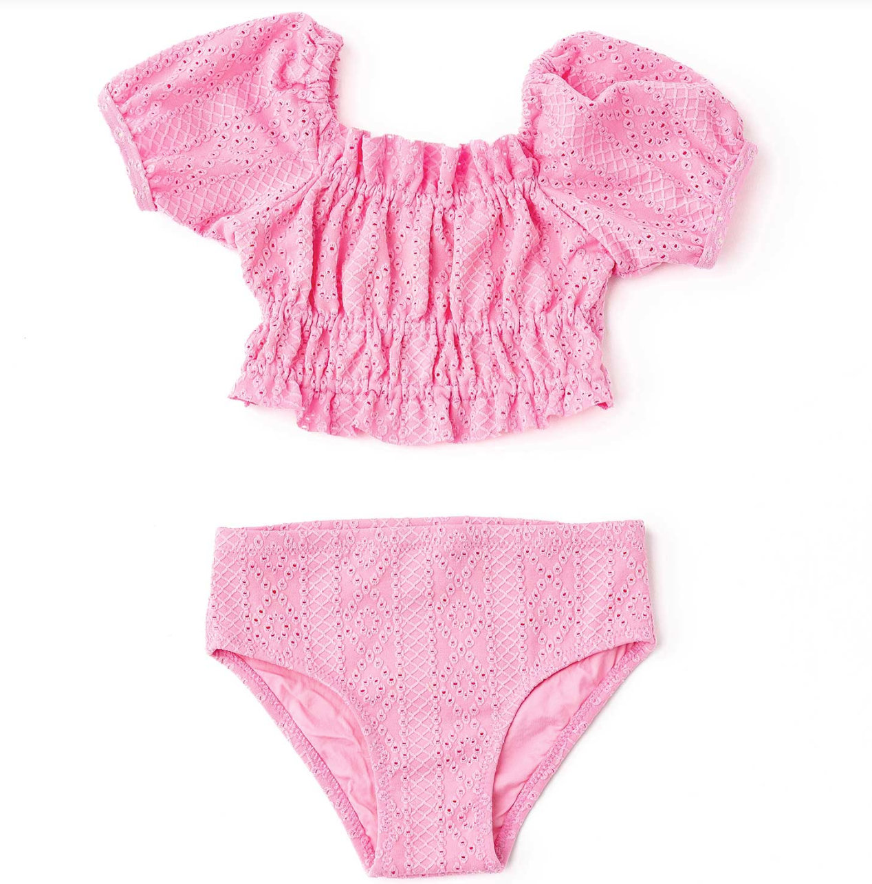 Pink Eyelet Smocked Puff Sleeve Bikini