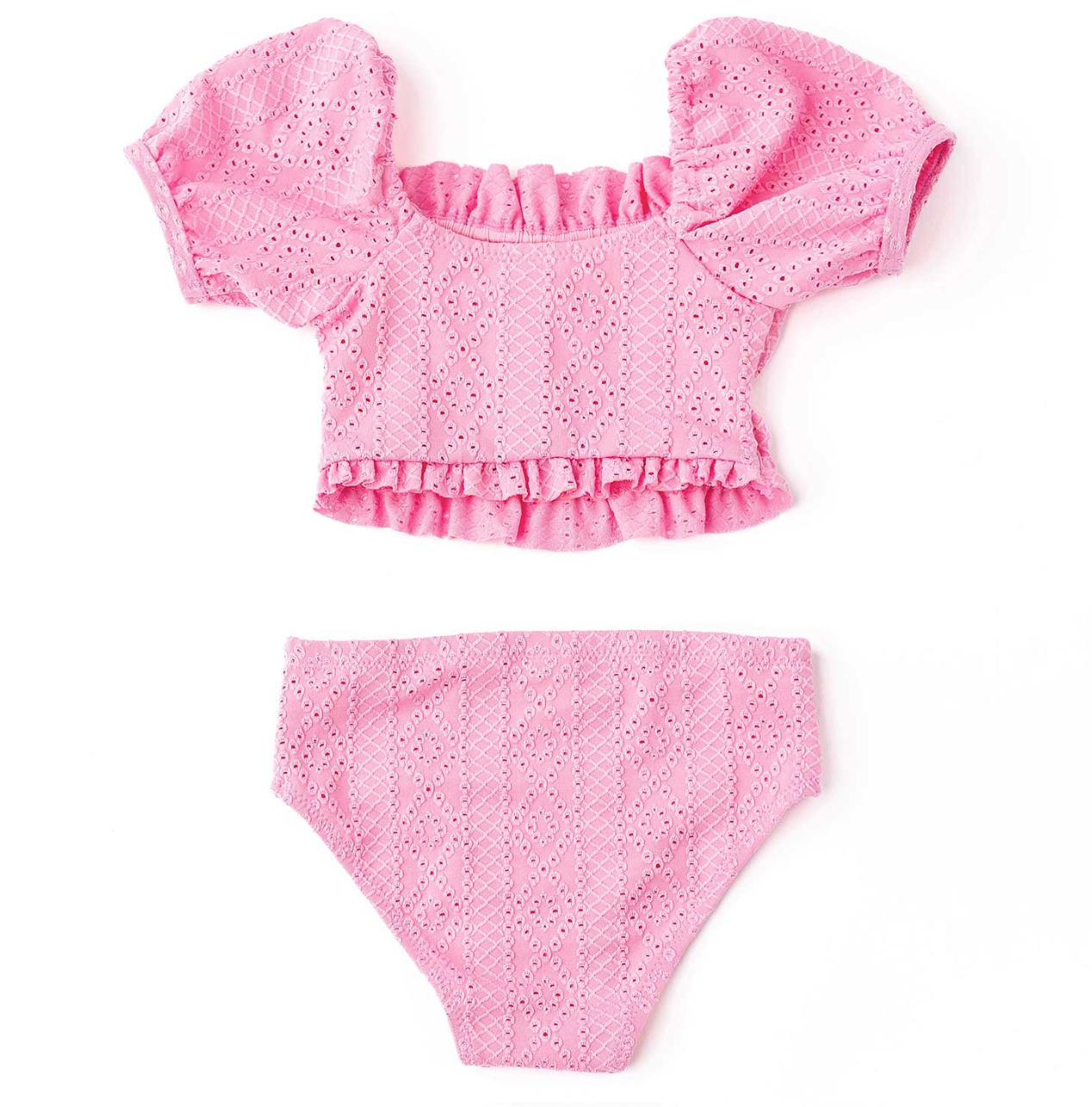 Pink Eyelet Smocked Puff Sleeve Bikini