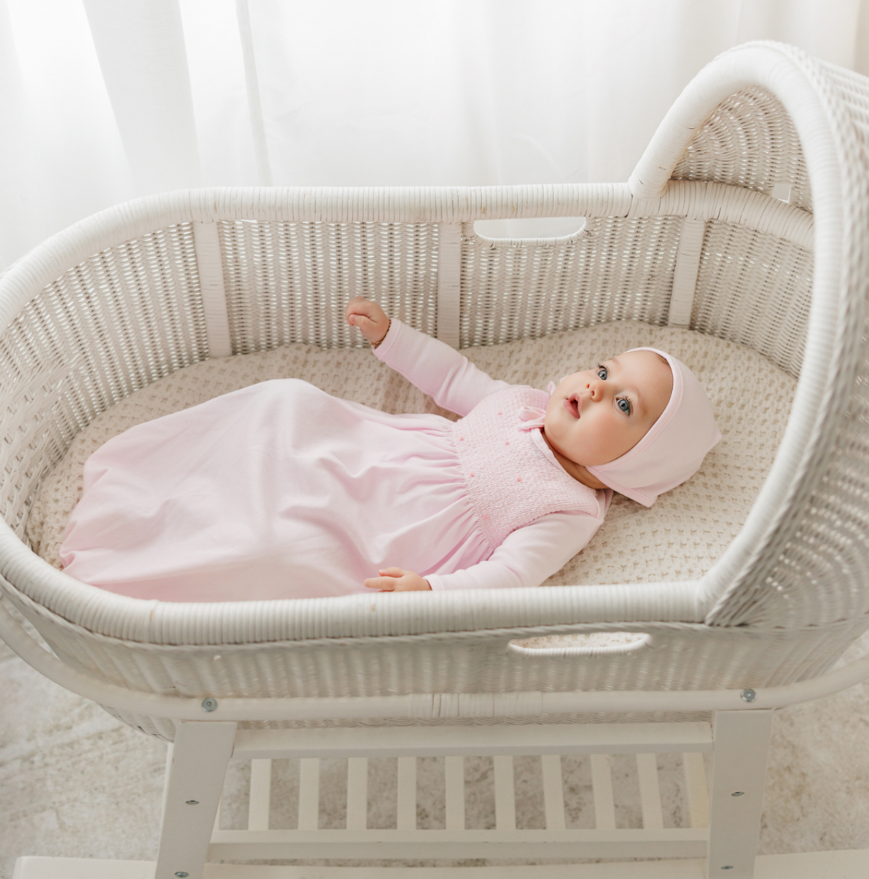 Pink Smocked Bullion Gown with Bonnet
