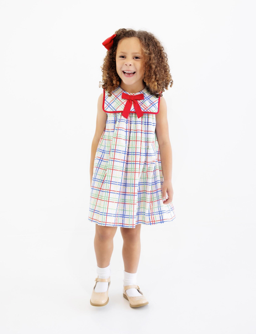 Sleeveless Stewart's Square Collar Dress- Wellington Windowpane