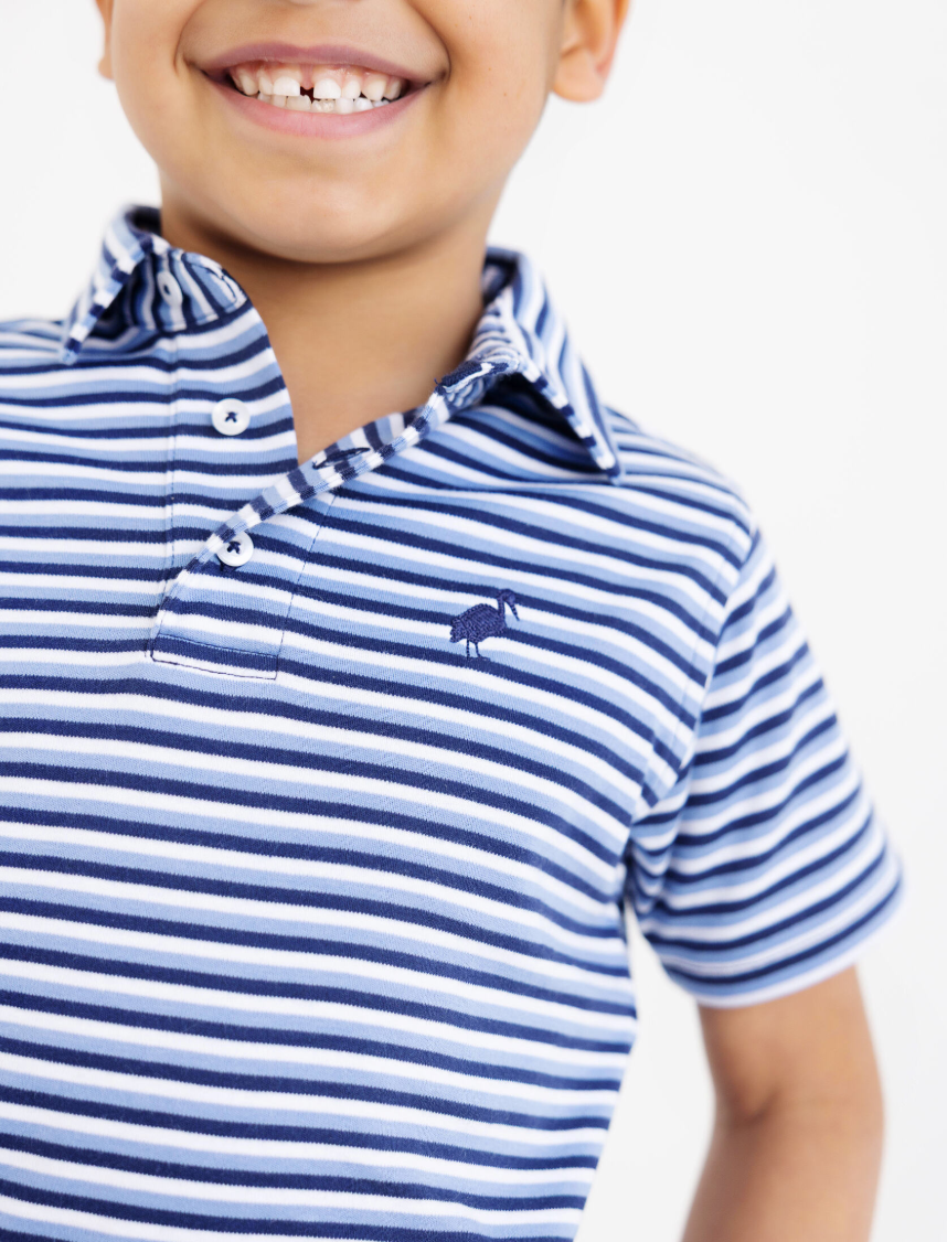 Prim and Proper Polo- Sumner County Stripe Barbados Blue